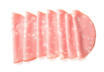 Slices of tasty boiled sausage on white background
