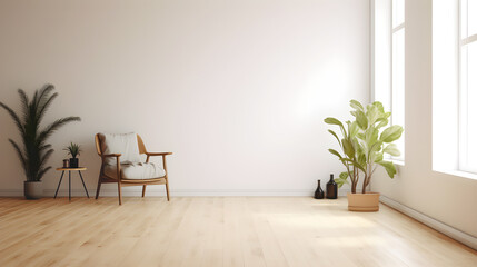 Fototapeta na wymiar Empty wall with sofa and plant and wood floor created with Generative AI