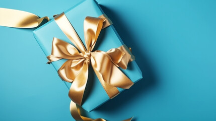 beautiful decorative gift box, blue bow and long ribbon. Generative ai