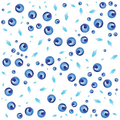 A pattern with blue and white circles and leaves on a white background.