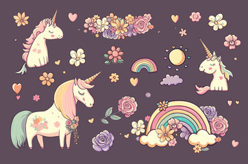 Cute unicorn set with rainbow, rose, flowers, sun, hearts. Childish style adorable magic animals. Vintage cartoon character pony collection for romantic unicorns design - 602842723