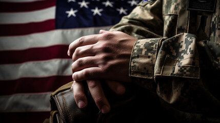 American flag held by a soldier. Generative ai.