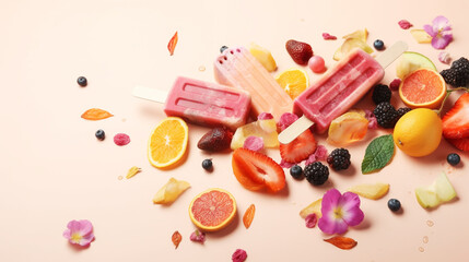 Variety of colorful summer popsicles with ice and fruit. Generative ai.