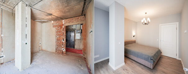 Comparison of apartment bedroom before and after refurbishment. Old room before restoration and new renovated room with bed and elegant interior design. - obrazy, fototapety, plakaty