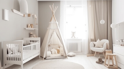 Fototapeta na wymiar Kids bedroom mock up interior, Scandinavian style. Generative ai.