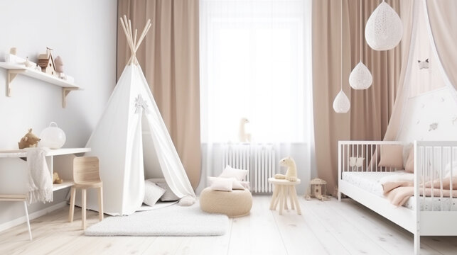 Kids bedroom mock up interior, Scandinavian style. Generative ai.