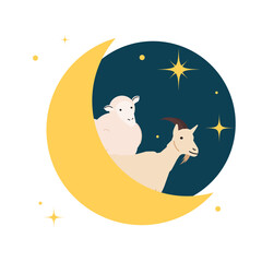 goat sheep on a crescent moon for eid al adha greetings in flat illustration