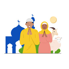 man woman greeting eid al adha mubarak with sheep lamb goat sacrifice at mosque