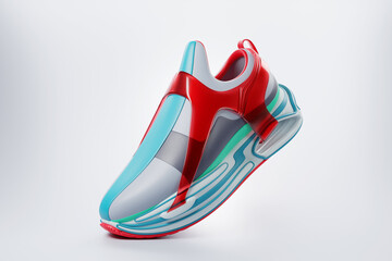 3d illustration   blue  and red  new sports sneakers  on a huge foam sole, sneakers in an ugly style. Fashionable sneakers.