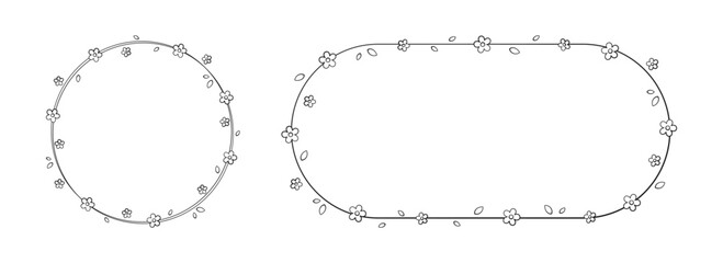 Floral Frame Outline Doodle Set. Botanical circle border template, flourish design element for wedding, greeting card.