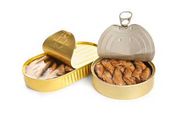 Canned smoked sprats on white background