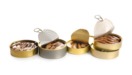Canned smoked sprats on white background