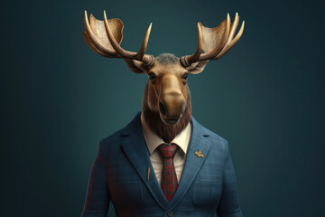 Moose wearing suit with tie as a businessman, Generative AI