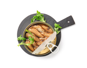 Board with canned smoked sprats and arugula on white background