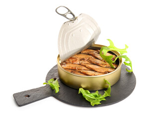 Board with canned smoked sprats and arugula on white background