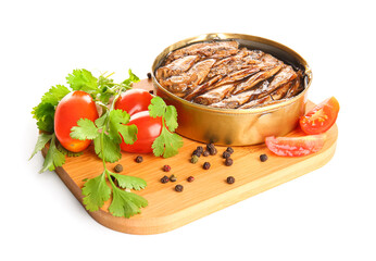 Board of canned smoked sprats with parsley and tomatoes on white background