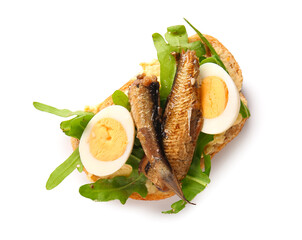 Tasty sandwich with canned smoked sprats on white background