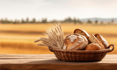 Various bread in the basket on wooden table, wheat field on background, Generative AI - obrazy, fototapety, plakaty