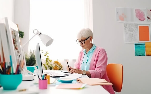 Senior older modern woman working at home or in office. Generative AI