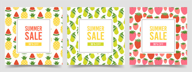 Set of square banner templates Summer Sale promotion. Advertisement cards with tropical Fruit, Strawberry pattern design for market, store. Flat colorful vector illustration 