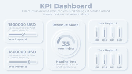 Neumorphic kpi dashboard and graphical chart elements infographic presentation template