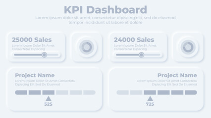 Neumorphic kpi dashboard and graphical chart elements infographic presentation template