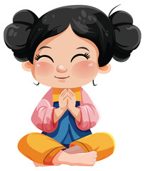 Cute Asian cartoon character with smiley face cit on the floor meditation