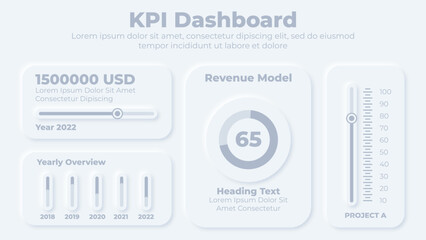 Fototapeta na wymiar Neumorphic kpi dashboard and graphical chart elements infographic presentation template