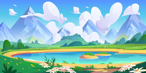 Fototapeta na wymiar Lake and spring flower field mountain vector landscape. Cartoon nature scene with cloud, green grass and water. Cute picturesque outdoor alps environment with meadow and hill in park on sunny weather.