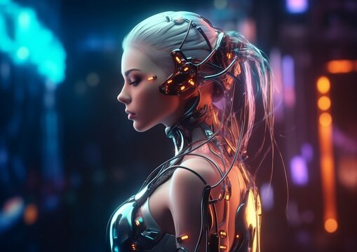 Cyborg woman with a visible detailed brain on cyberpunk background with neon lights created with Generative AI technology