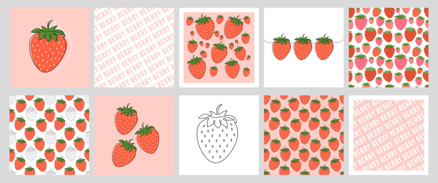 Big Set of square cards, wallpaper templates with Strawberry. Line Art Design with Summer red berry. Seamless pattern, quote, different collection posters. Colorful vector illustrations