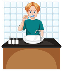 A male teen brushing teeth