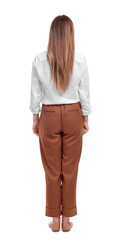 Businesswoman standing on white background, back view