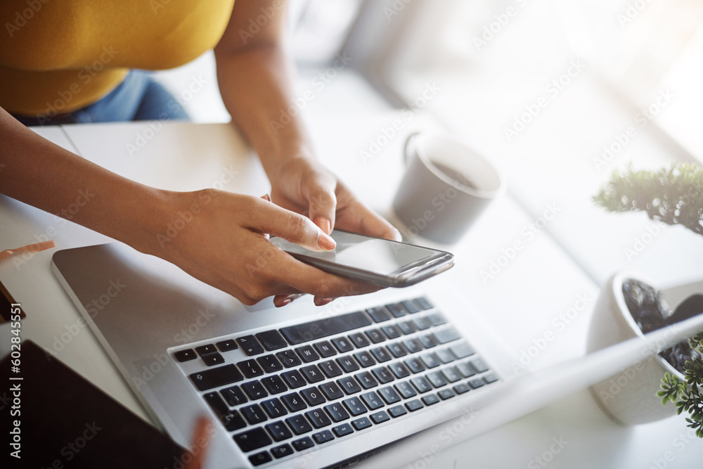 Aufkleber Woman, hands and phone online at a laptop for work networking and employee typing. Female worker, table and social network app with mobile communication and text for professional and web connection