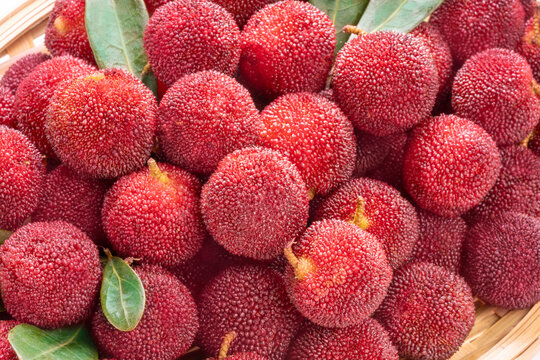Arbutus berries Fruit or Red Yangmei in the Bamboo basket on wooden background.Red Bayberry, Yumberry, yamamomo, Waxberry in basket.