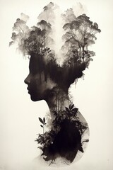 Dibujo abstracto de una cabeza de mujer con árboles en el pelo