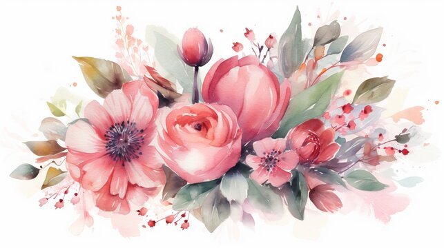 Digital watercolor flowers illustration, generative AI