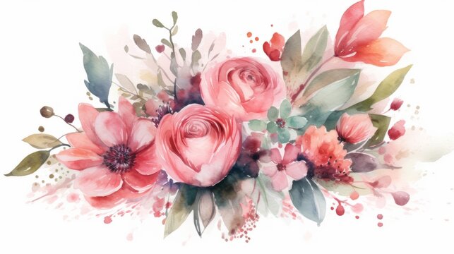 Digital watercolor flowers illustration, generative AI