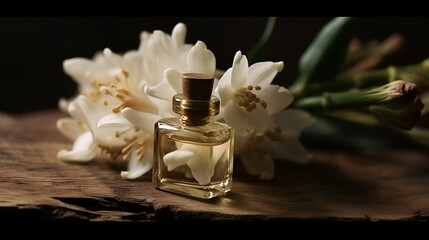 Luxury perfume glass bottle with tuberose flower petals on wood, minimalist dark black background generative ai