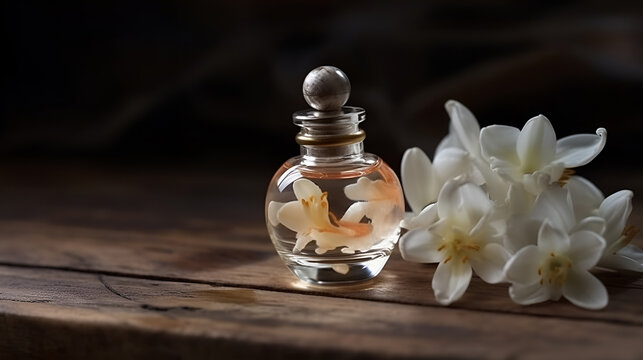 Luxury perfume glass bottle with tuberose flower petals on wood, minimalist dark black background generative ai