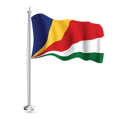 Seychelles Flag. Isolated Realistic Wave Flag of Seychelles Country on Flagpole.