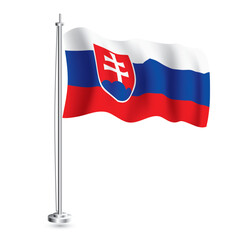 Slovakian Flag. Isolated Realistic Wave Flag of Slovakia Country on Flagpole.