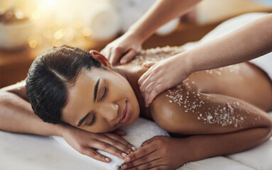 Happy woman, hands and salt scrub in back massage at spa in relax for skincare, exfoliation or body...