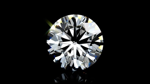 Round brilliant cut diamond rotating on black glossy background. Seamless loop 3d animation