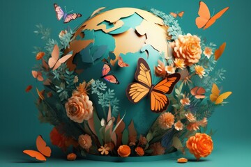 Globe with flowers and butterflies, 3d illustration on blue background, generative Ai