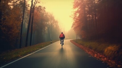 Cyclist riding on the road in the autumn forest with fog, generative Ai