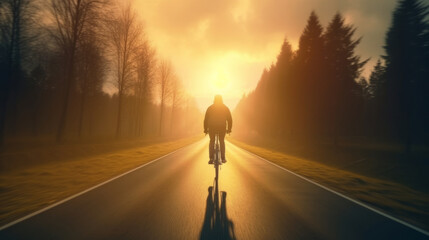 Cyclist on the road at sunset. 3D rendering, generative Ai