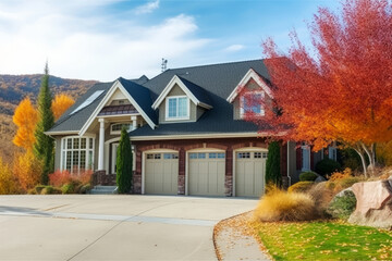 Traditional house with three car garage in the mountains.
Fall season with colorful trees - 602847392