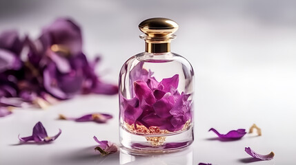 Obraz na płótnie Canvas Luxury perfume glass bottle with violet flower petals, minimalist white light background generative ai