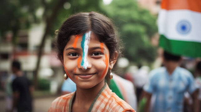 Cute child of Indian nationality against background of tricolor flag of India, holiday, street of an Indian city. National holiday Generative AI